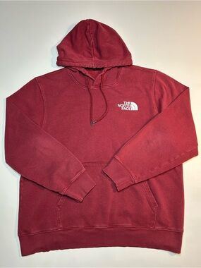 The North Face Red Pullover Hoodie White Embroidered Logo Kangaroo Pocket